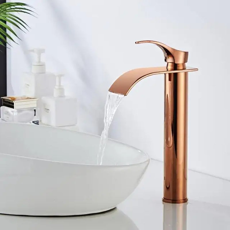 Gold and White Brass Basin Faucet with Waterfall Design - Hot and Cold Mixer Tap for Bathroom Sinks